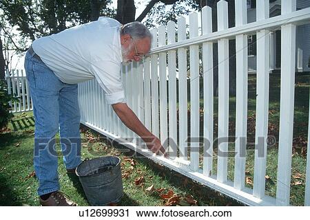 Stock Image - Retired man painting white picket fence. Fotosearch