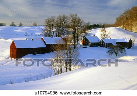Stock Photograph - S. Woodstock farm at sunrise in winter snow. Fotosearch