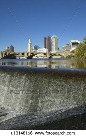 Stock Photograph - Scioto River with waterfall and Columbus Ohio skyline. Fotosearch