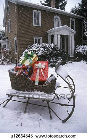 Sleigh With Presents on Lawn View Large Photo Image Stock Photography - Sleigh With Presents on Lawn. Fotosearch