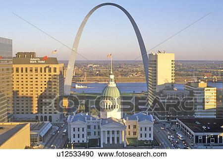 Stock Image - St. Louis arch with Old Courthouse and Mississippi River, MO. Fotosearch