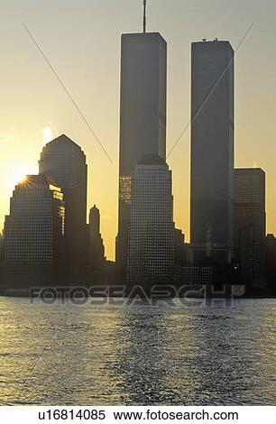 Stock Photography - Sunrise over Manhattan, New York City, NY from New Jersey. Fotosearch