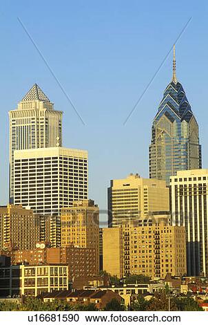Stock Image - Sunset over Philadelphia skyline. Fotosearch