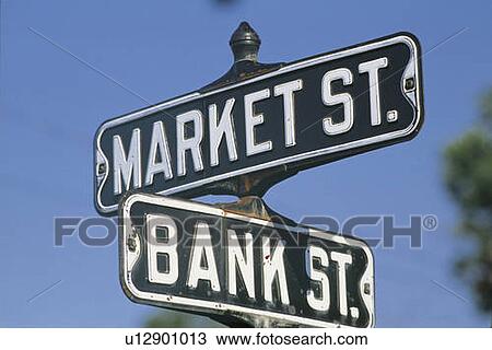 Stock Image - These are street signs that say Market Street and Bank Street.. Fotosearch