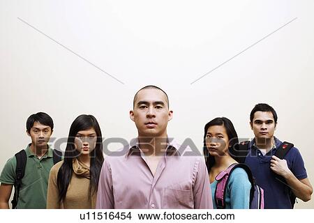 Picture - Portrait of three young men and two young women. Fotosearch