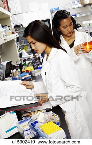 Two female pharmacists working in a laboratory View Large Photo Image Stock Photo - Two female pharmacists working in a laboratory. Fotosearch