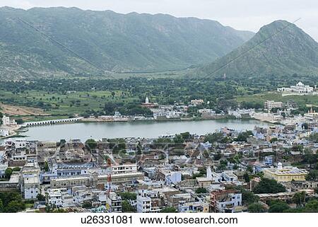 Stock Image - Aerial view of buildings in a city, Pushkar, Rajasthan, India. Fotosearch