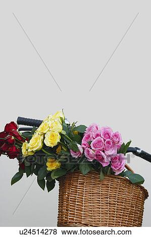 Close-up of flowers in a wicker basket View Large Photo Image Stock Photo - Close-up of flowers in a wicker basket. Fotosearch