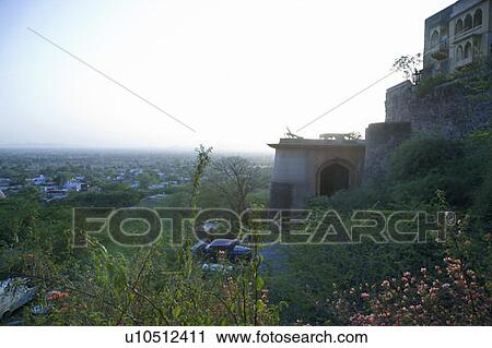 Stock Image - Fort on a hill, Neemrana Fort Palace, Neemrana, Alwar, Rajasthan, India. Fotosearch