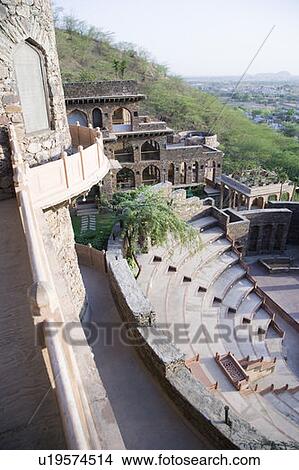 Picture - High angle view of a staircase in a fort, Neemrana Fort Palace, Neemrana, Alwar, Rajasthan, India. Fotosearch