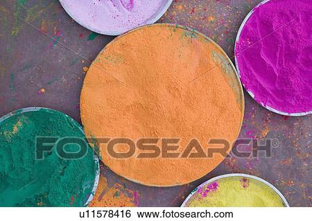 Stock Photograph - High angle view of plates of powder paint. Fotosearch