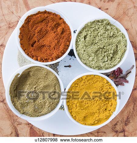 Stock Photo - High angle view of spices in four bowls. Fotosearch