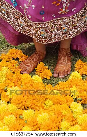 Picture - Low section view of a girl showing her henna tattooed feet with Marigolds in front of her. Fotosearch