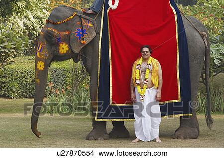 Priest standing beside an elephant View Large Photo Image Picture - Priest standing beside an elephant. Fotosearch
