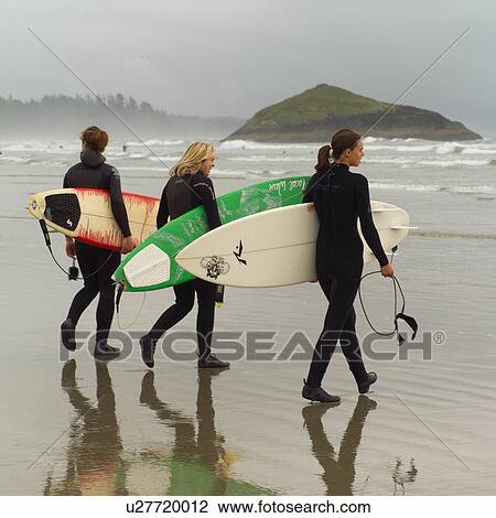 Stock Image - Surfers with surfboards on beach, Pacific Rim Park, Vancouver Island, Canada. Fotosearch