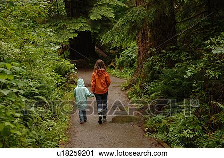 Stock Image - Two children walking along path in forest. Fotosearch