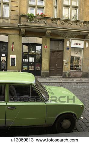 Stock Image - Car parked on the street in Prague. Fotosearch