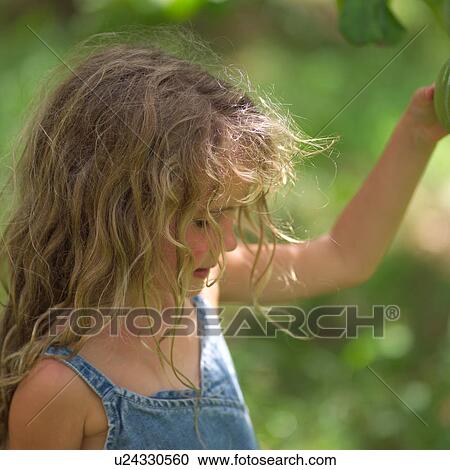 Stock Image - Blond child looking down at Moorea in Tahiti. Fotosearch