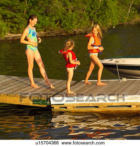 Stock Photograph - Three girls standing on a pier in swimsuits. Fotosearch