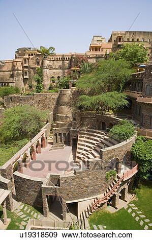Stock Photo - High angle view of a fort, Neemrana Fort Palace, Neemrana, Alwar, Rajasthan, India. Fotosearch