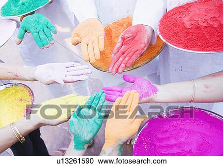 High angle view of a group of people showing hands with powder paint View Large Photo Image Stock Image - High angle view of a group of people showing hands with powder paint. Fotosearch