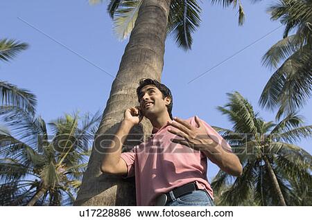 Stock Photograph - Low angle view of a young man leaning against a tree and talking on a mobile phone. Fotosearch